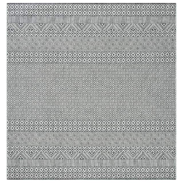 SAFAVIEH Courtyard Terezija Indoor/ Outdoor Waterproof Patio Backyard Rug - 7'10" Square - Grey/Black