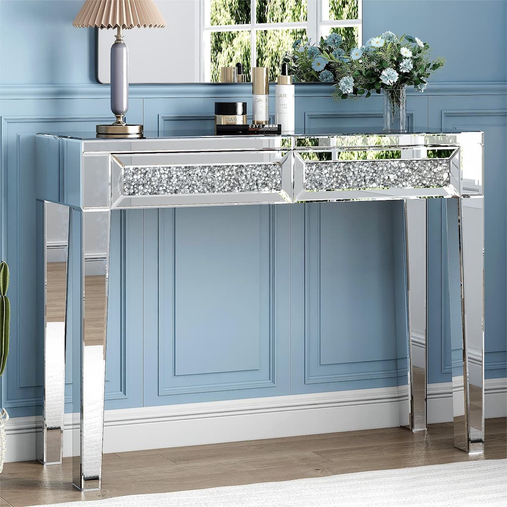 Glam Mirrored 2 Drawer Desk Console Table - 29.92'' H X 39.37'' W X 13.78'' D
