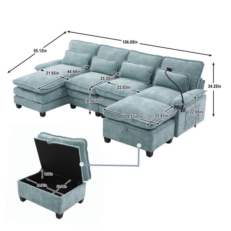 Chenille U-shape Sectional Sofa with Chaise and Storage Ottoman, Modular Couch with USB/Type-C Ports, Side Pockets, Phone Holder