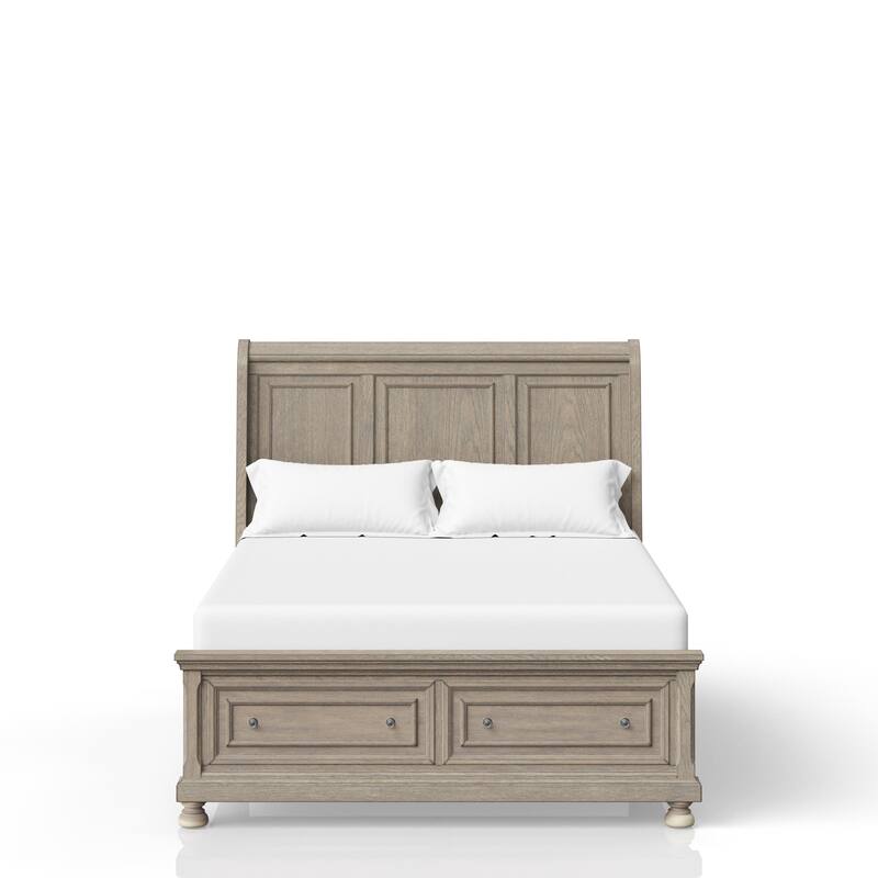 Queen Size Solid Wood Storage Bed with 2 Built-In Drawers and Transitional Design - Antique Gray