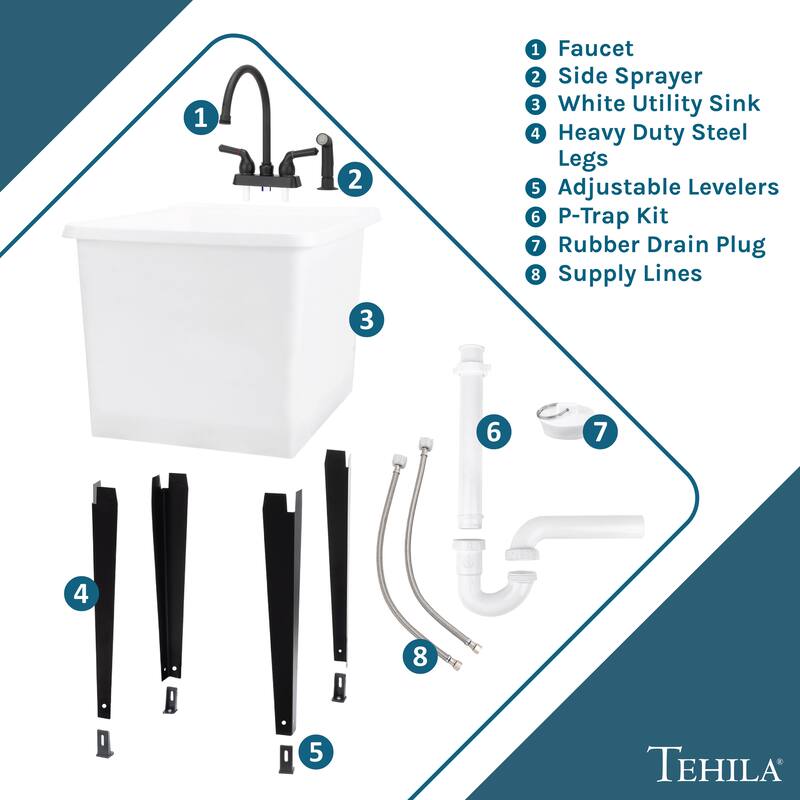 TEHILA White 16-Gallon Space Saver Utility Sink Laundry Tub with Gooseneck Faucet