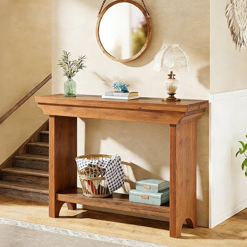 39.37" Solid Wood Console Table, 2-Tier Small Entryway Table