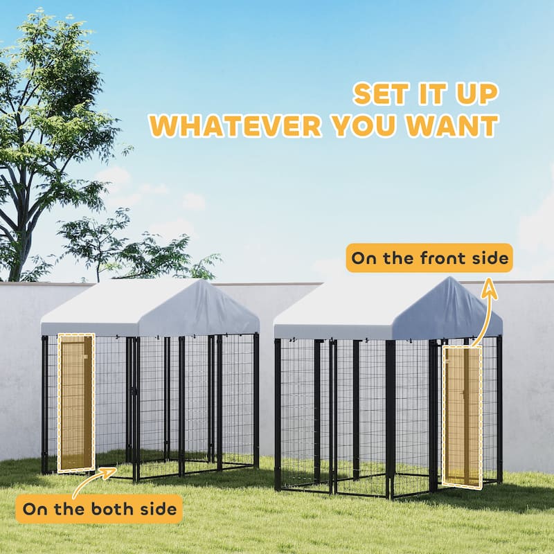 Silver-Black Steel Outdoor Dog Kennel with PE Cover and Secure Door - 70.8"W x 48"D x 72"H