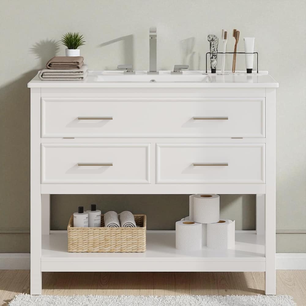 36" Bathroom Vanity with Ceramic Sink, Tip-Out Tray, Full-Extension Drawers, Soft-Close Slides, and Open Shelf