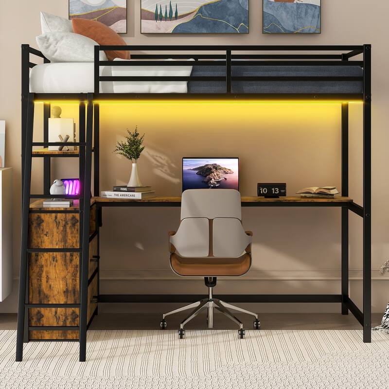 Twin Metal Wood Loft Bed with Desk & LED Light