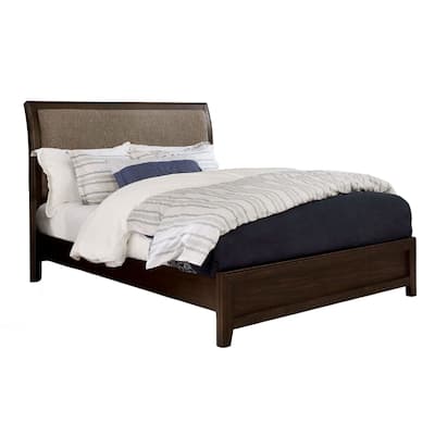 Amie Queen Size Bed, Modern Upholstered Headboard, Brown Solid Wood
