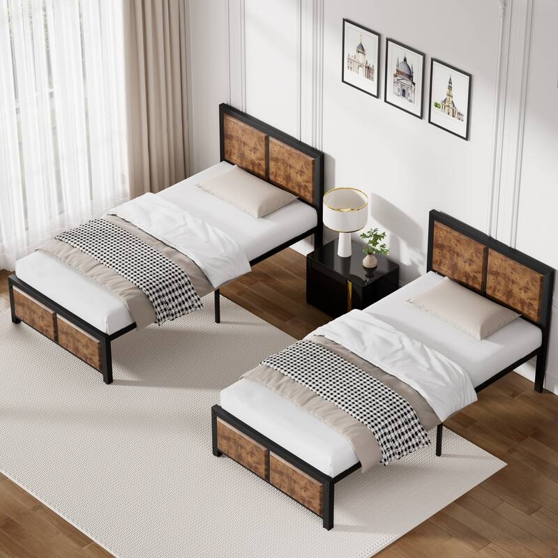 VECELO Set of 2 Platform Twin Beds 12.6" Elevated Storage Space MDF Partitioned Headboard & Footboard No Box Spring Needed