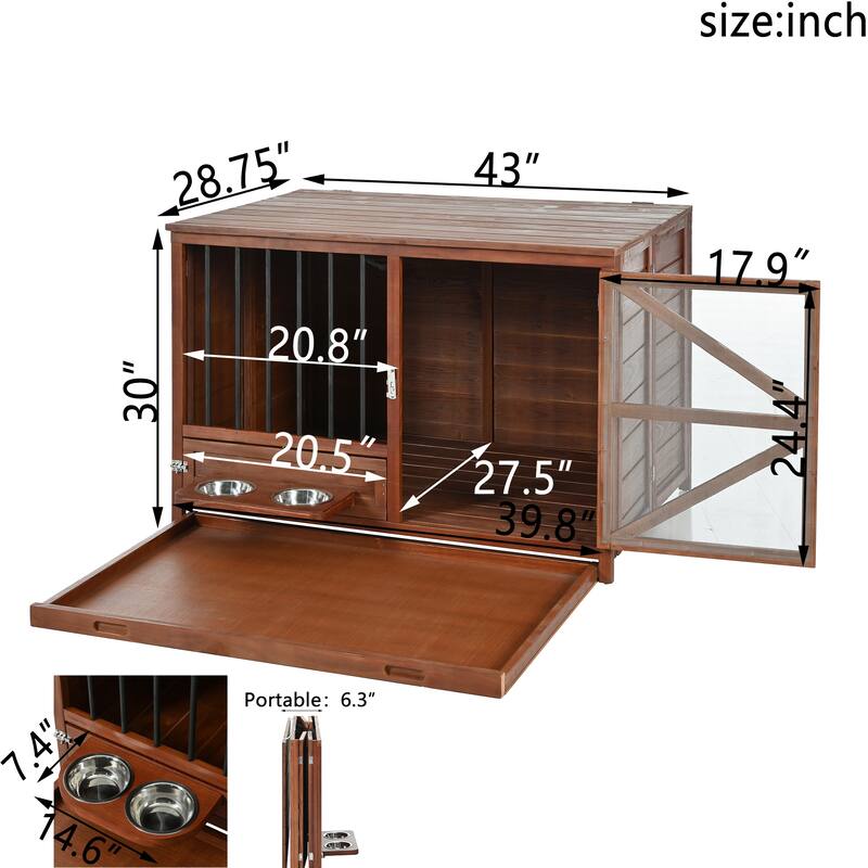 43" Solid Wood Dog Crate Furniture, Foldable Indoor Kennel with 360 Rotating Feeder for Small & Medium Dogs