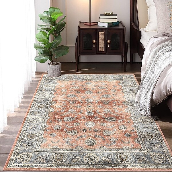 Garvee Traditional Floral Scroll Print Living Room Area Rug - Bed
