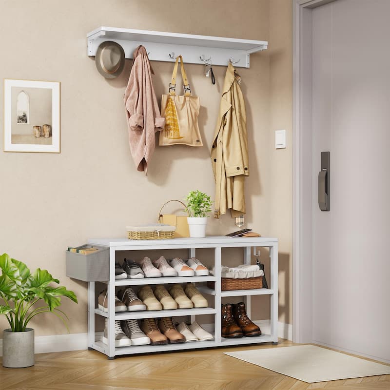 Industrial Hall Tree with 6 Hooks, Entryway Bench with Shoe and Coat Racks