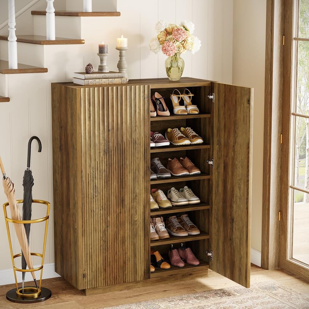 7-Tier Shoe Cabinet with Fluted Doors, 24 Pairs Farmhouse Wooden Shoe Storage Organizer with Adjustable Shelves