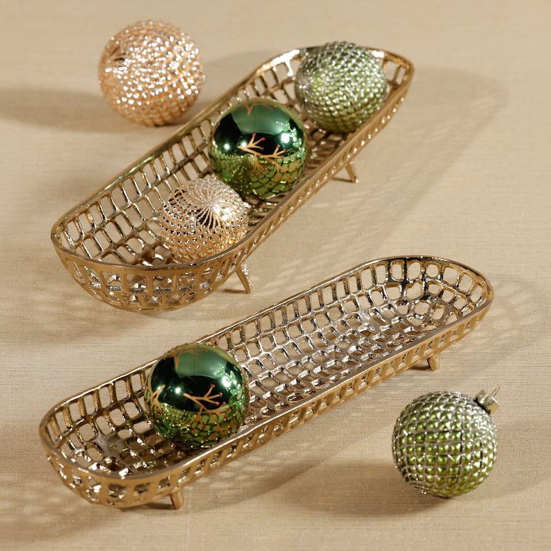 Reticolo Oval Gold Metal Decorative Footed Tray