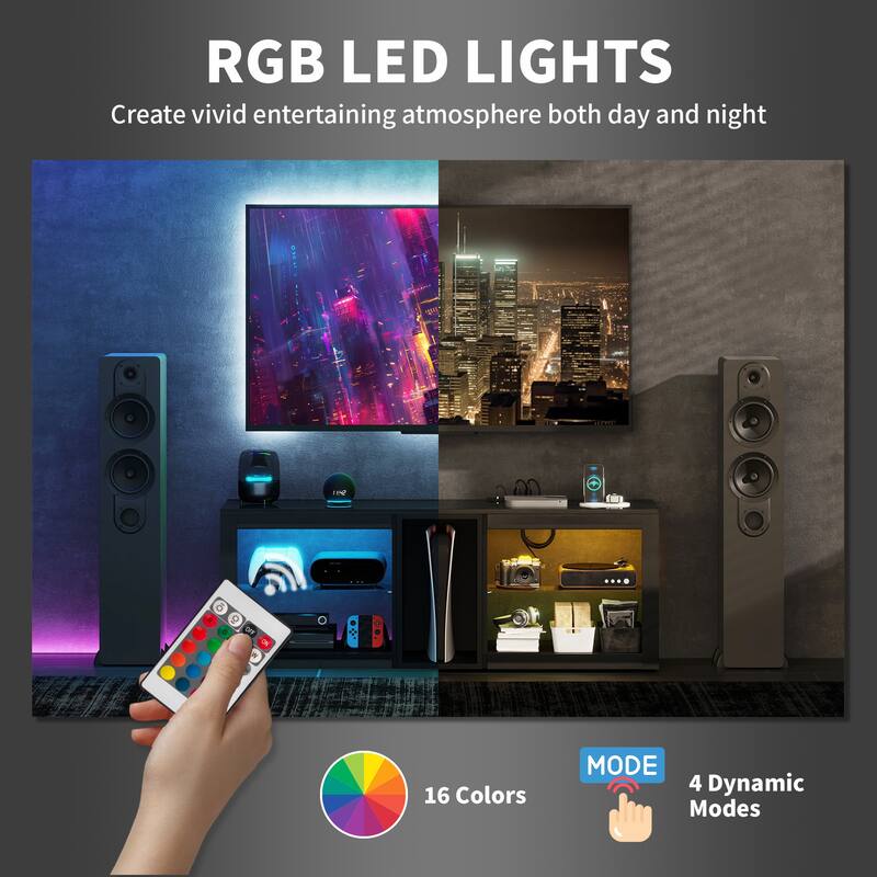 High Gloss TV Stand with RGB LED Lighting Remote Control USB Ports and Power Outlets for TVs up to 55 Inches