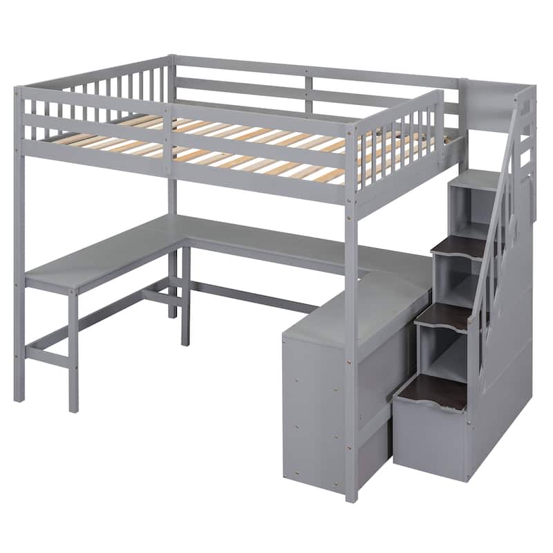 Full Size Loft Bed with Built-in L-Shaped Desk and Three-Tier Storage Shelves,and Attached Storage Staircase, White