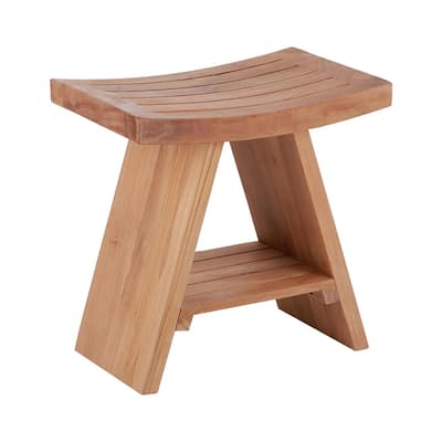 Nordic Style Natural Teak Stool with Curved Seat and Shelf - Beige - N/A