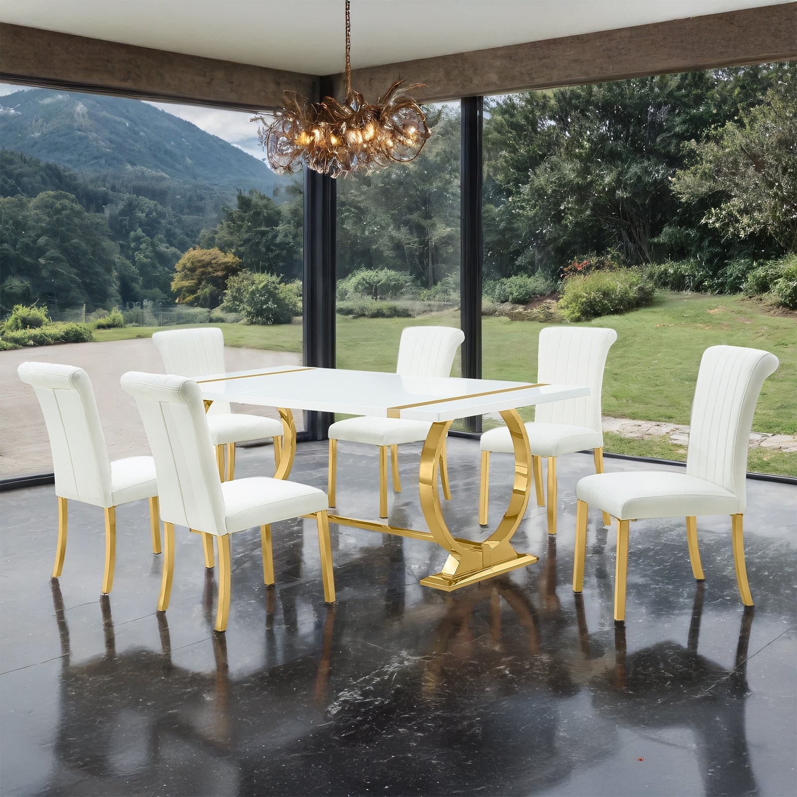 7PC Royal Gold White Finish O Shaped Dining Set Table and Side Chairs