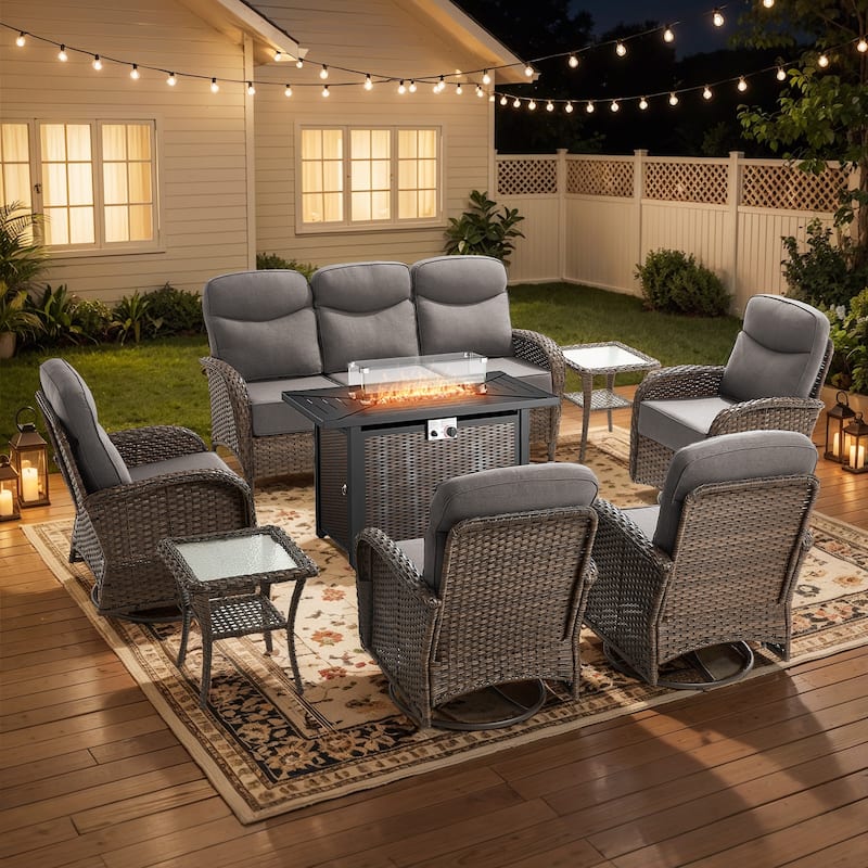 Pocassy Outdoor Sofa Swivel Chair and Ottman with 43in Fire Pit Table - Brown Wicker Gray Cushion - 8-Piece Sofa Swivel Chiar with Fire Table