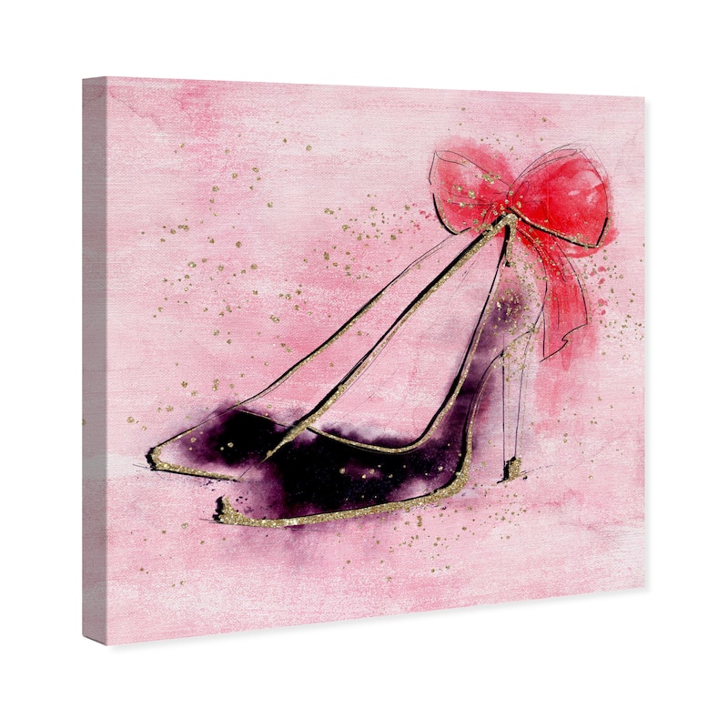 Wynwood Studio Canvas Fashion and Glam Gold Sparkle Ribbon Heel Pink and Pastel Pink Glam Wall Art Canvas Print