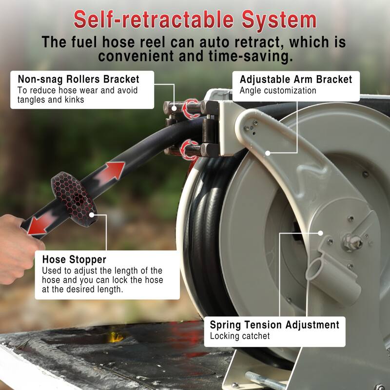 Fuel Hose Reel Retractable 3/4'' 50ft with Fueling Nozzle, Diesel Fuel Hose Reel