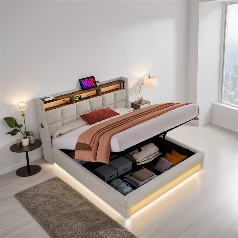 Queen size Upholstered Platform bed with Storage (Without Mattress)