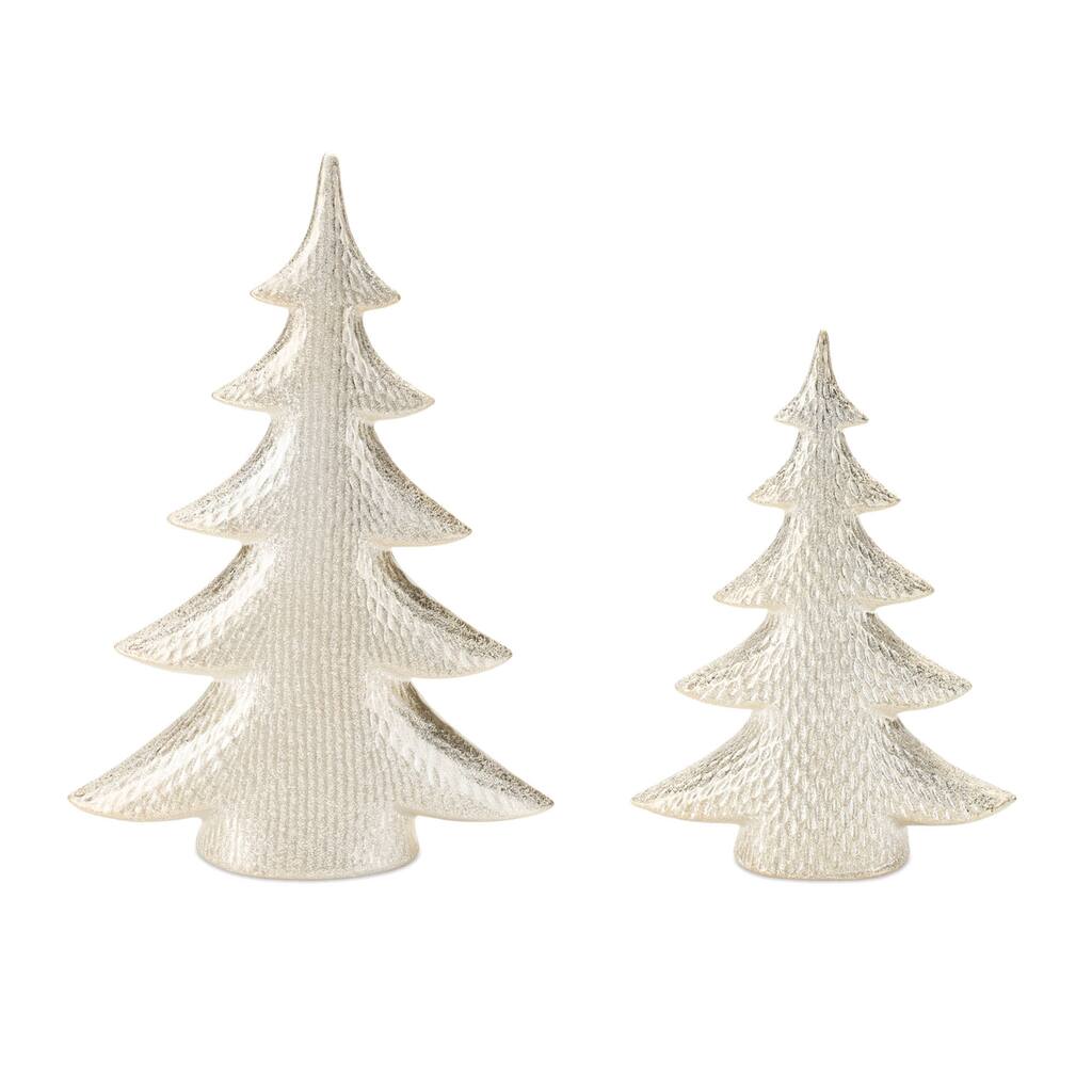 Gold Porcelain Notched Trees with Shimmer Finish for Tabletop Holiday Decor Set of 2 - 9.5” x 3.5” x 13.5” (L x W x H)
