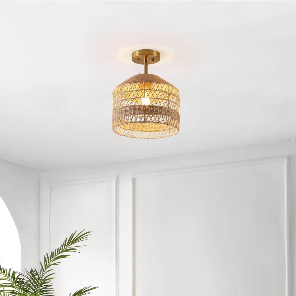 SAFAVIEH Lighting Oktavia 3 Light 16" Flush Mount - 16" x 16" x 9.5"- withD/H - Light Natural/Gold - 12Wx12Dx14H