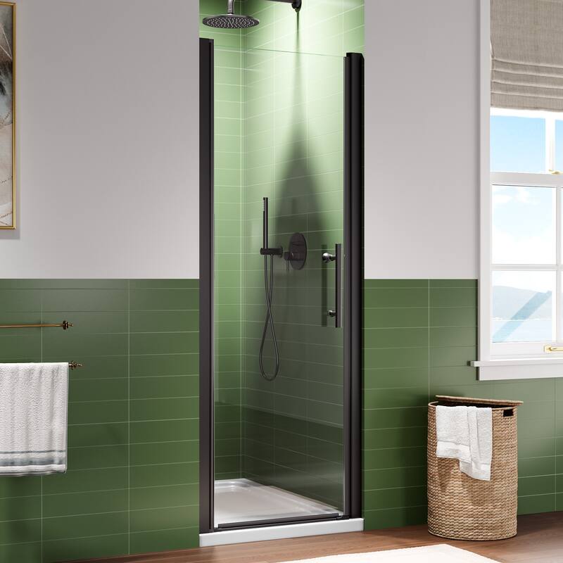 Matte Black Hinged Shower Door 26x68, 6mm Tempered Glass, Headerless, 1.5 in Adjustable, Left/Right In/Out