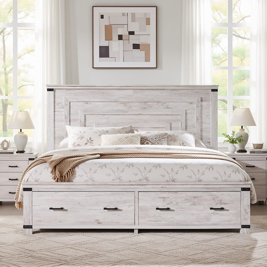 Farmhouse King Size Wood Bed Frame with Headboard & 2 Large Drawers