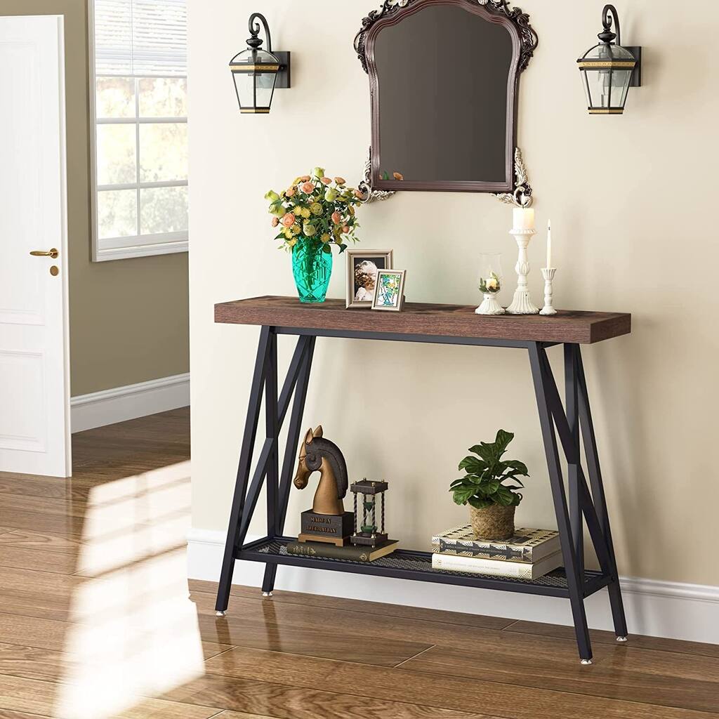 Narrow Console Table,Slim Industrial Entryway Table,2-Tier Sofa Table Behind Couch