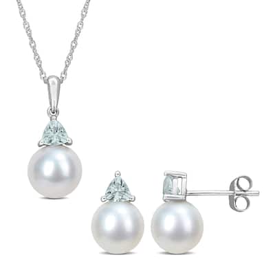 Miadora 8-8.5mm Cultured Freshwater Pearl 5/8ct TGW Aquamarine Jewelry Set 10k White Gold - 17 in