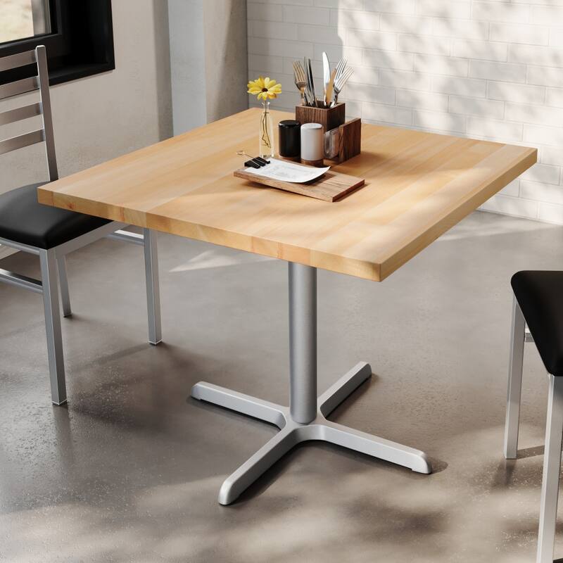 Square Solid Wood Commercial Tabletop with 30" x 30" Dining Height X-Base - 36"W x 36"D x 29.5"H