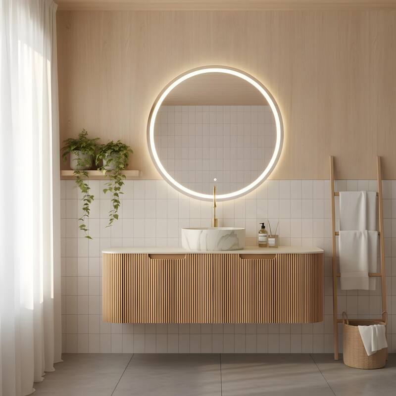 Floating Bathroom with Round Ceramic Basin and Storage Drawer - 48 - Light Natural Wood