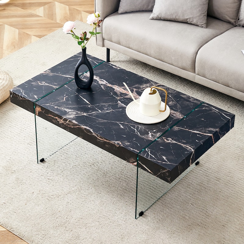 Rectangular Coffee Table with Tempered Glass Legs Wood Side Tables Wood Center Tables for Living Room Reception Room - Black