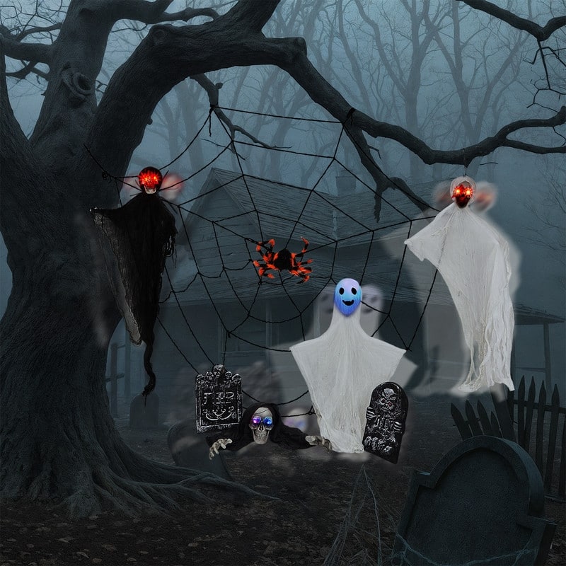 Outdoor Halloween Decorations 8-Piece Set, Hanging Ghosts Decor and Cobweb and Gravestone with Lighted Up Eyes