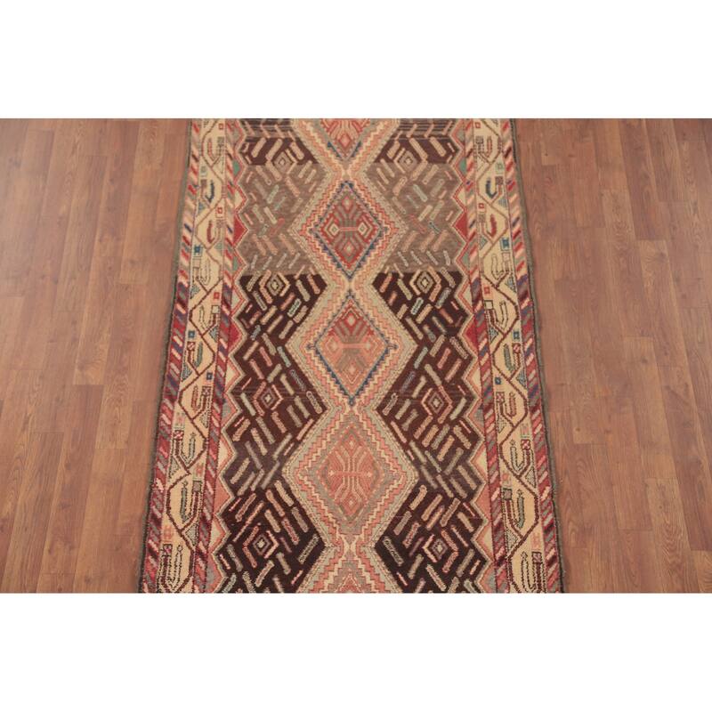 Hamedan Persian Vintage Runner Rug Handmade Brown Wool Carpet - 3'5"x 8'4"