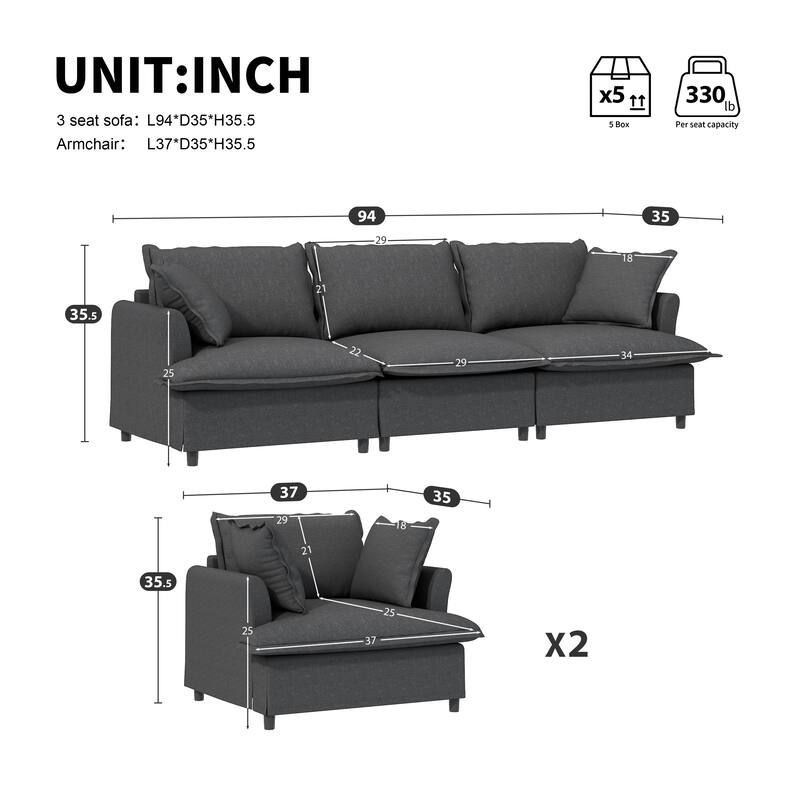 3-Pieces Chenille Modular 5-Seat Sofa Set with, 6 Throw Pillows and Pocket Spring Cushions (3-Seater + 2 Armchairs)