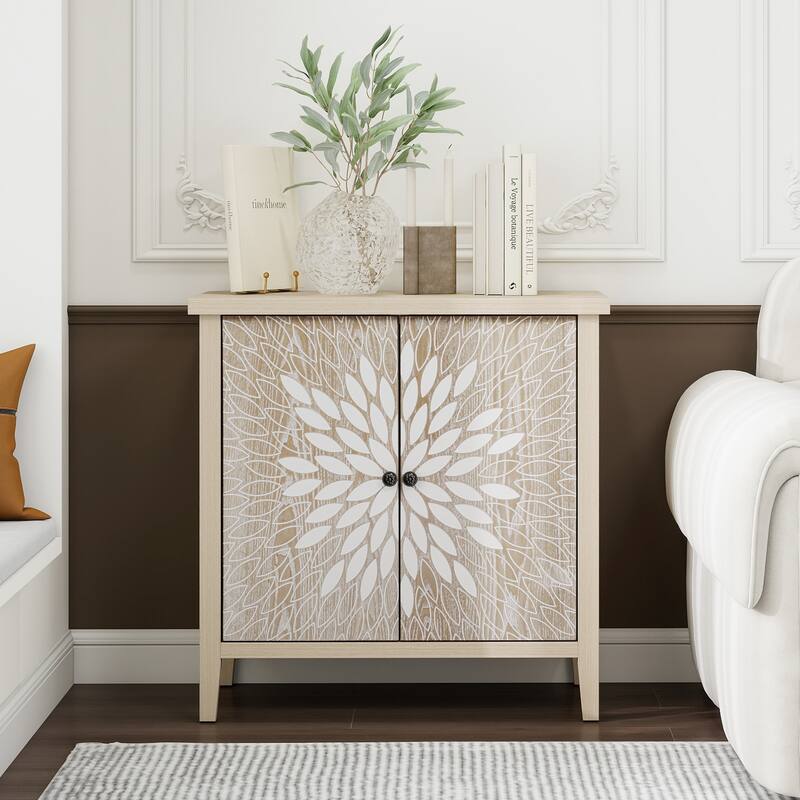 2-Door Carved Storage Cabinet with Adjustable shelf, Accent Furniture for Living Room, Hallway, Kitchen