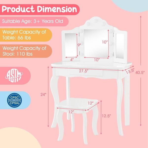 Kid Vanity Table Set Tri-Folding Mirror Adjustable 3-Color LED Light