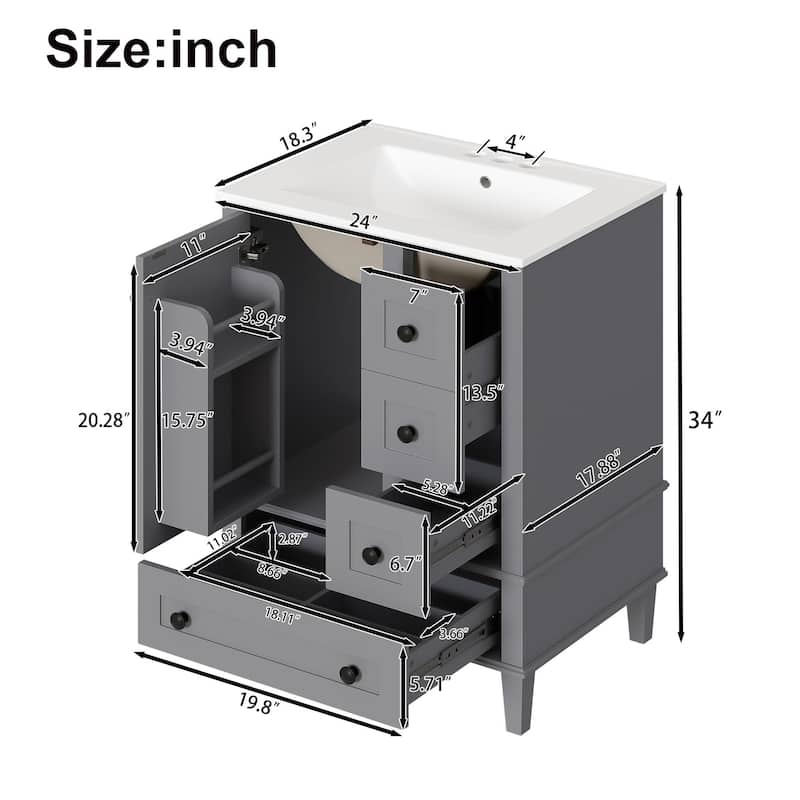 24" Bathroom Vanity with Integrated Ceramic Sink, Soft-Close Drawers and Door, Cabinet with Door Storage Rack