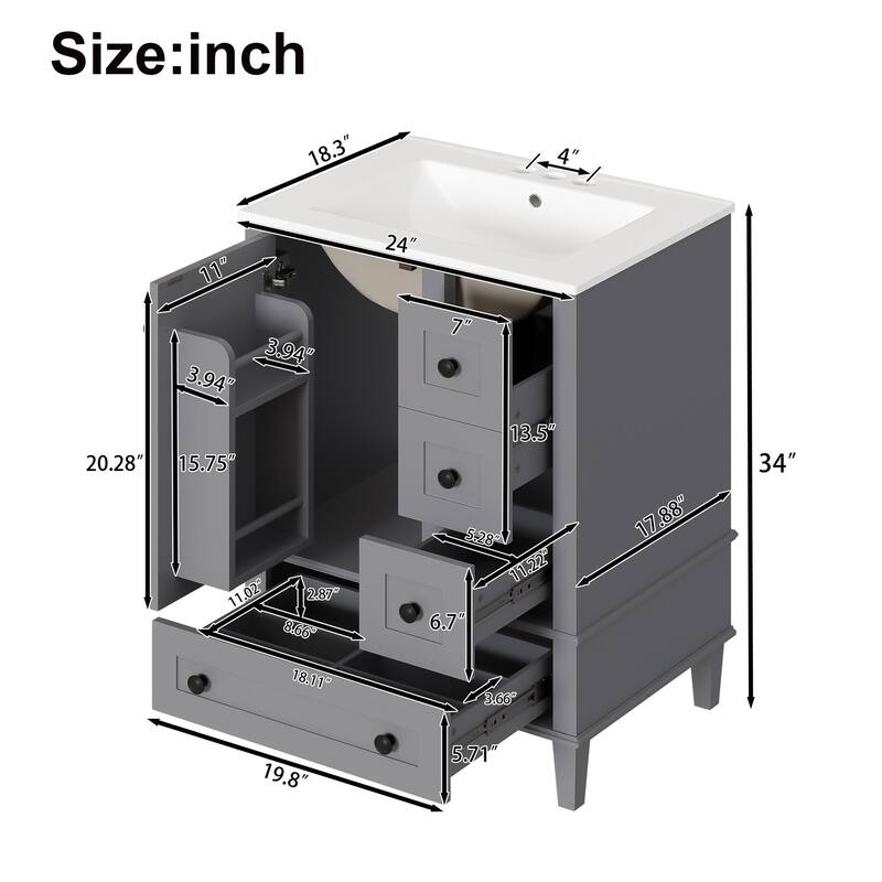 24 Inch Single Sink Bathroom Vanity, Integrated Ceramic Basin Bathroom Storage Cabinet