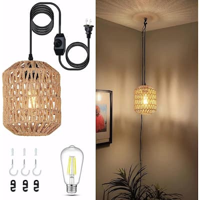 Hand-Woven Rattan Pendant Light - Includes Dimmable LED Bulb, 16ft Cord