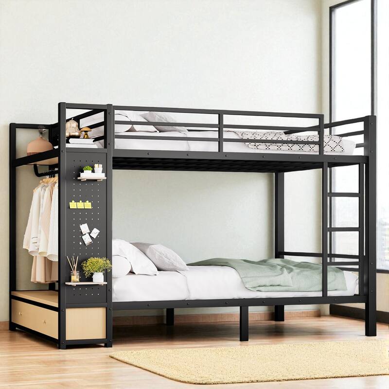 Full over Full / Queen over Queen Metal Bunk Bed with Shelves, Drawers and Pegboard Storage
