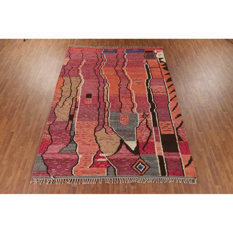 Moroccan Oriental Area Rug Hand-Knotted Abstract Wool Carpet - 8'10" x 12'2"