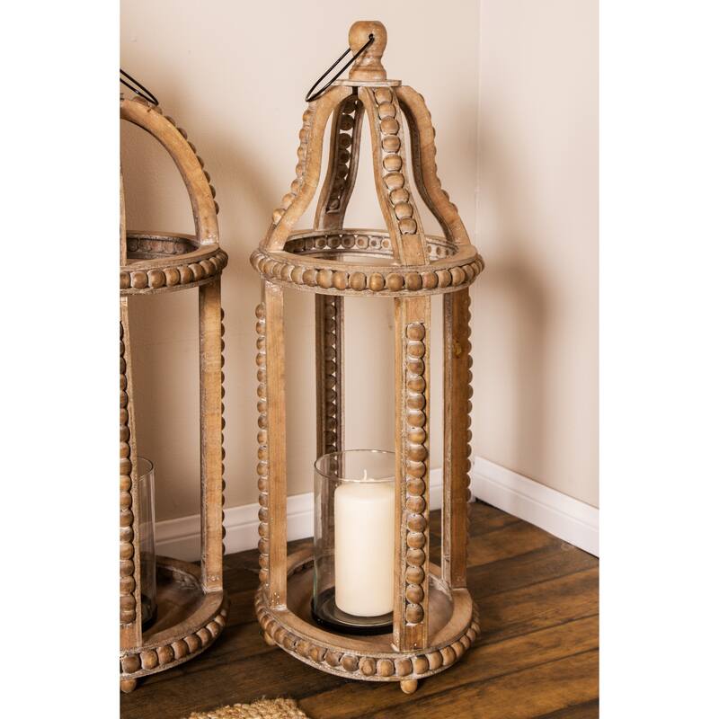 Brown Reclaimed Wood Beaded Decorative Indoor Outdoor Candle Lantern