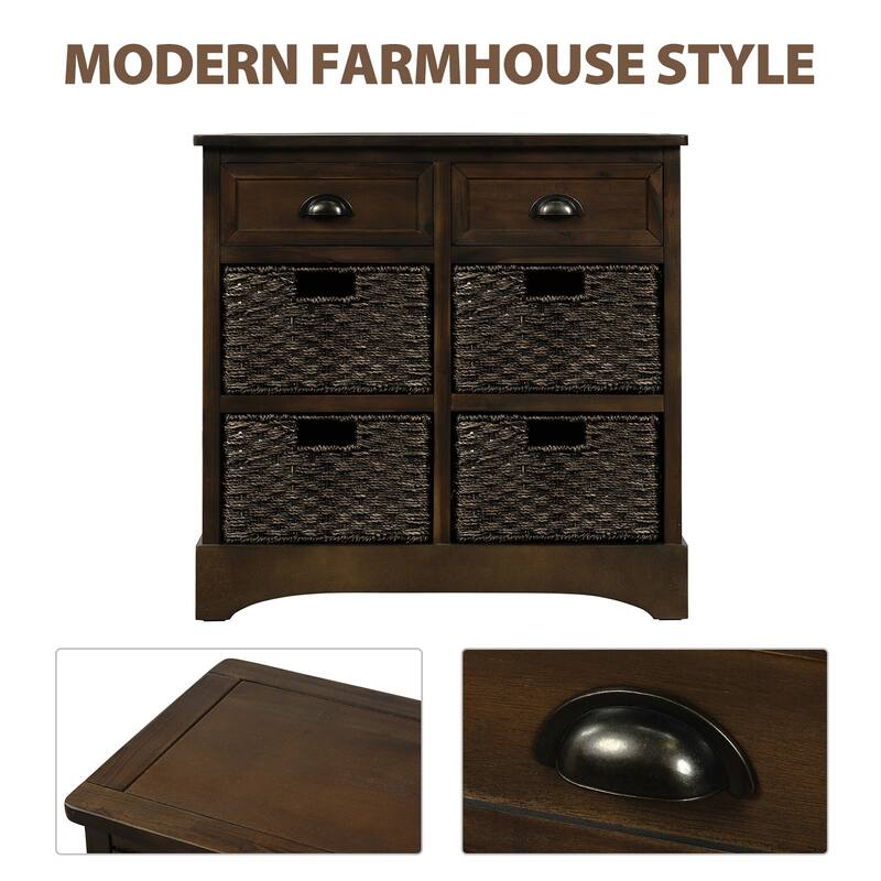 Rustic Storage Cabinet with Two Drawers and Four Classic Rattan Basket for Dining Room/Entryway/Living Room