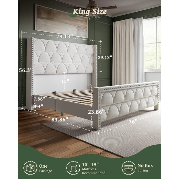 dimension image slide 1 of 2, Hansabenne Solid Wood Bed Frame Queen and King Platform Bed Frame with Headboard White and Gray