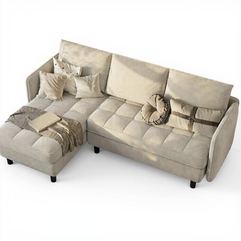 L-Shaped Chenille Convertible Sofa Couch, with Hidden Storage - Beige