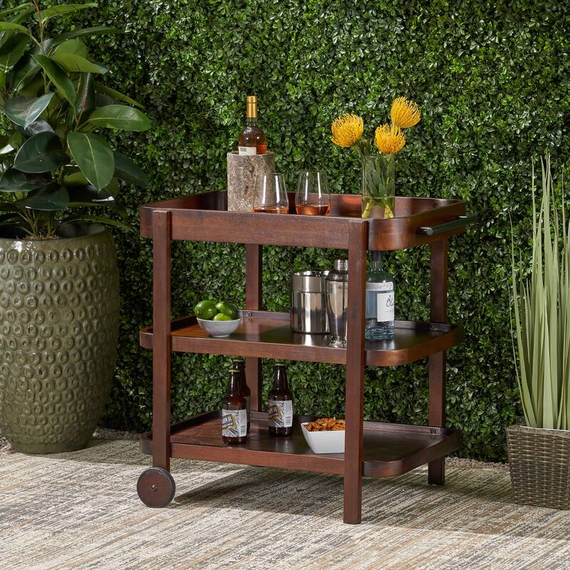 Roomfitters Wooden Rolling Bar Cart with Three-Tier Storage, Versatile Serving Trolley for Kitchen and Dining, Dark Brown