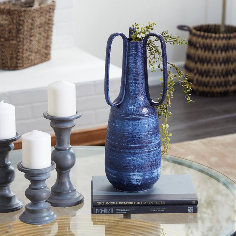 Blue Ceramic Decorative Vase with Handles - 7 x 7 x 17