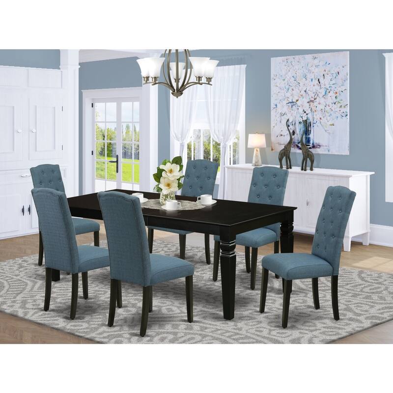 7Pc Dinette Set - Rectangular Kitchen Table with Leaf & 6 Parsons Chairs - Black & Blue - 84